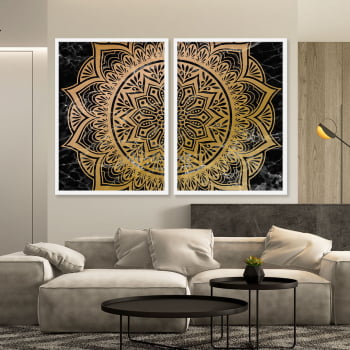 Conjunto de 2 Quadros Decorativos para Sala Mandala Solar Dourado