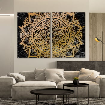 Conjunto de 2 Quadros Decorativos para Sala Mandala Solar Dourado