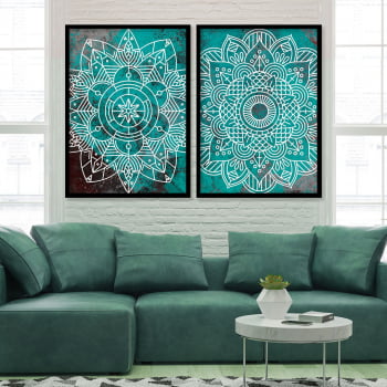 Conjunto de 2 Quadros Decorativos para Sala Mandala Verde Água