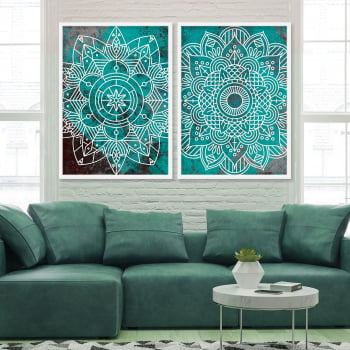 Conjunto de 2 Quadros Decorativos para Sala Mandala Verde Água