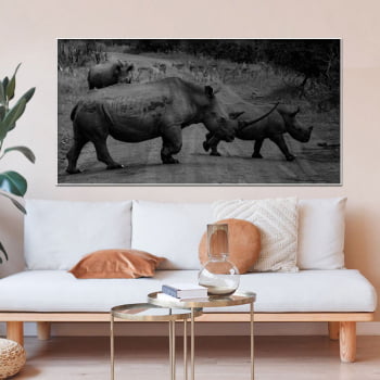 Tela Decorativa para Sala Rinoceronte I Preto e Branco - Mundo Animal
