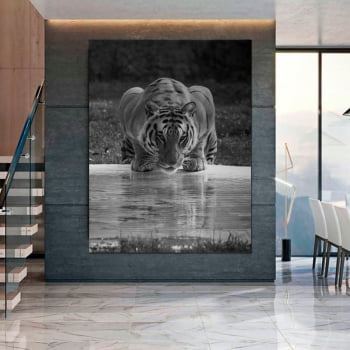 Tela Decorativa para Sala Tigre I Preto e Branco - Mundo Animal