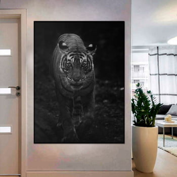 Tela Decorativa para Sala Tigre IV Preto e Branco - Mundo Animal
