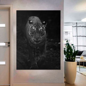 Tela Decorativa para Sala Tigre IV Preto e Branco - Mundo Animal