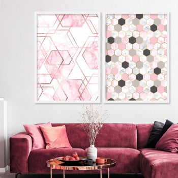 Conjunto de 2 Quadros Decorativos - Hexagono Rosa - Rose Gold -
