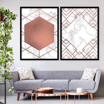 Conjunto de 2 Quadros Decorativos - Hexagono Marmore Rosa - Rose Gold -
