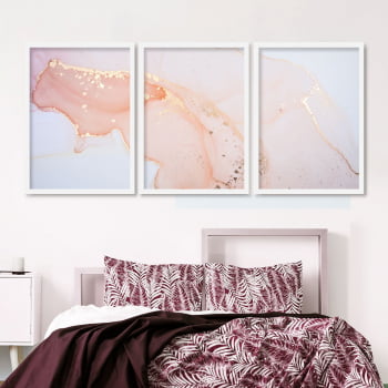 Conjunto de 3 Quadros Decorativos para Quarto Casal Rosa Flamingo - Rose Gold